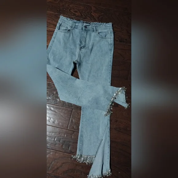 BLUE B RHINESTONE UNEVEN FRINGE HEM DENIM BLUE JEANS- L (31) - Picture 3 of 11